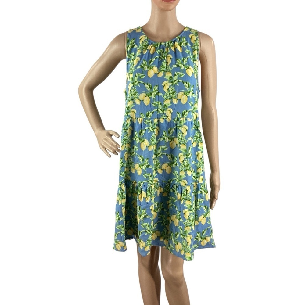LOFT Lemon Print Linen Blend Tiered Swing Dress Blue M